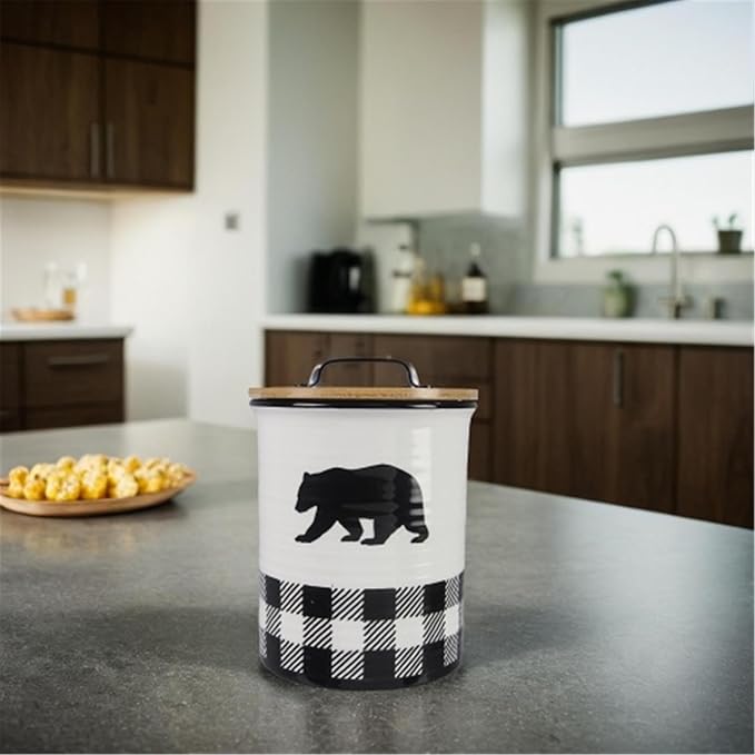 Young's Ceramic Treat Jar with Airtight Lid, Black and White Buffalo Plaid Bear Dog Treat Container, Decorative Cat Food Storage Canister