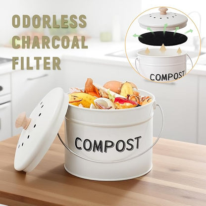 Compost Bin for Kitchen Counter, 1 Gallon Compost Bucket with Lid and Charcoal Filter, Countertop Composter, Rust Proof Indoor Food Waste Bin, White