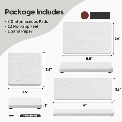 3PCS Bathroom Sink Vanity Trays, Quick Stone Drying Mat Dish Soap Dispenser Sponge Holder for Kitchen Counter, Diatomaceous Earth Water Absorbing Caddy Organizer, White