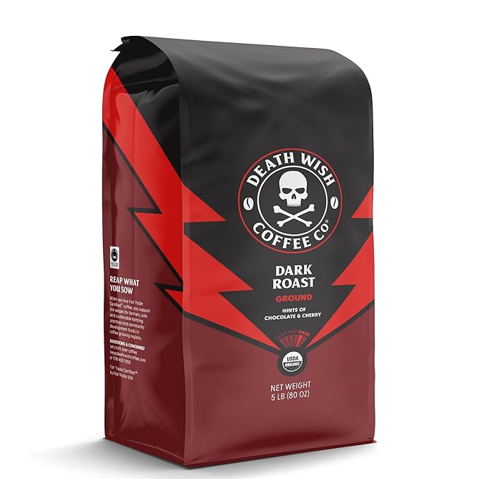 Death Wish Coffee Dark Roast Grounds - Bold Intense Blend of Arabica & Robusta Beans - USDA Organic Ground Coffee - 80 oz.