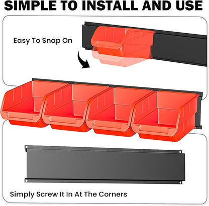 Ultrawall Wall Mounted Storage Bins, Plastic Hanging Storage Organizer Bins, Garage Tool Storage System for Screws, Nuts, Bolts, Nails, and Small Hardware Parts, 16x bins & 4 x rails, Orange