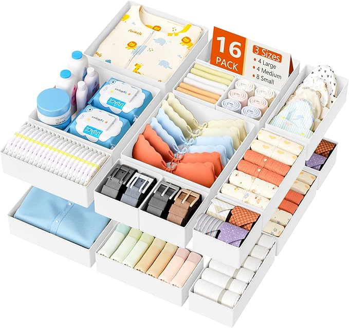 DIMJ Drawer Organizer Clothes - 16 Pack Baby Dresser Organizer for Nursery, Foldable Drawer Organizer Bins for Closet Bedroom Organization, Fabric Clothes Storage Dividers for Underwears, Socks, Bras