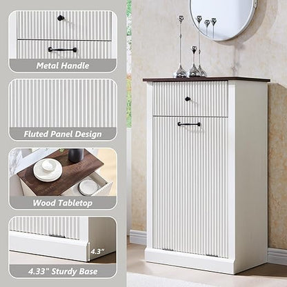 Modern Tilt-Out Trash Can Cabinet, 10 Gallon Fluted Laundry Hamper Cabinet with Drawers, Wooden Hidden Garbage Can Cabinets with Storage Basket, Free Standing for Kitchen and Living Room, White