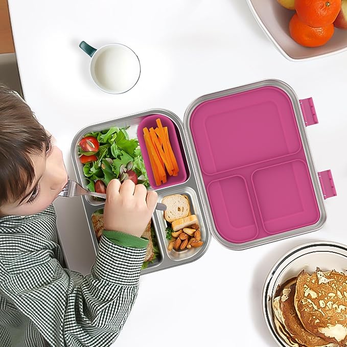 Stainless Steel Kids Leak-Resistant Bento Lunch Box, 3-Compartments with Silicone Container, Dishwasher-Safe, Child-Friendly Design for School, Picnics & Travel,BPA-Free(Pink)