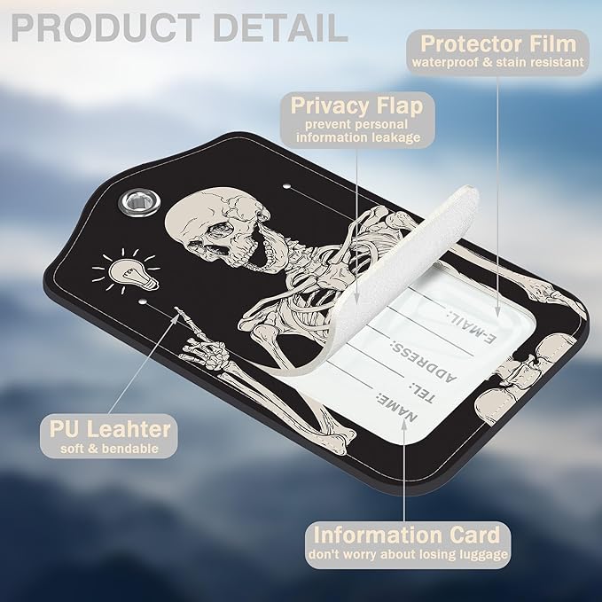 2 Pcs Human Skeleton Luggage Tags for Suitcases PU Leather Baggage Tags Name ID Label with Privacy Cover and Stainless Steel Loop for Men Women Travel Bag Suitcase
