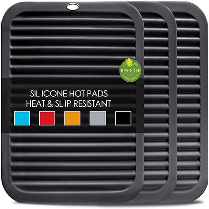 Silicone Trivets for Hot Pots and Pans, 3 Pack Heat Resistant Pot Holders for Kitchen Large Silicone Trivet Mat for Hot Dishes, Black Hot Pads for Kitchen Counter, Hot Mats Spoon Rest, 9 * 12 Inches