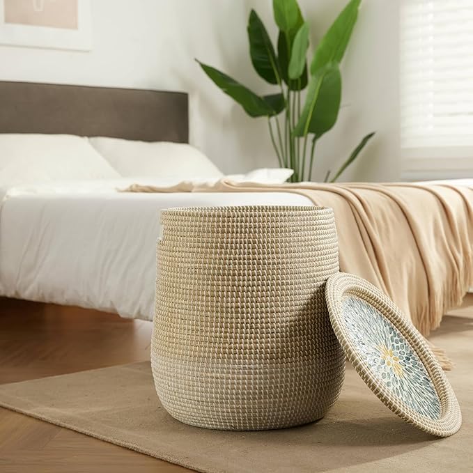 Round Seagrass Laundry Hamper with Lid, 2-Piece Set - Eco-Friendly Storage Basket for Clothes, Toys, and More - Natural Woven Design for Home, Bedroom, Bathroom