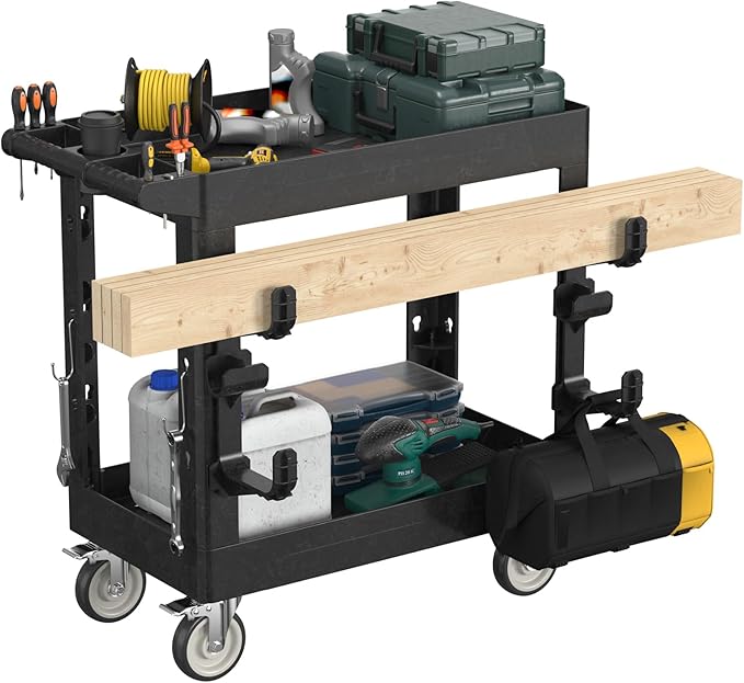 Heavy Duty Rolling Utility Cart with Wheels 2-Tier Utility Plastic Service Work Cart for Shop, Garage, Warehouse, Maintenance 550 lbs
