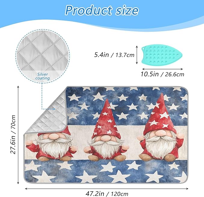 Three July 4th Gnomes Stars Ironing Mat for Table top Portable Ironing Pad Blanket for Washer Dryer Countertop Travel