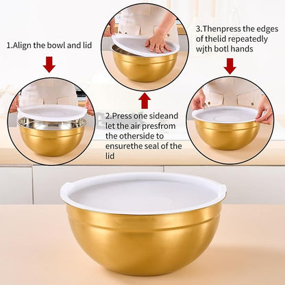 Gold Mixing Bowls with Lids Set of 7, Stainless Steel Nesting Bowl with Khaki Lid for Non-slip Mixing Prepping Storing Serving, 7 Sizes-7/3.6/2.7/2.1/1.5/1/0.8 QT