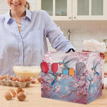 Kitchen Aid Mixer Cover Pink - Hummingbird Flower Pattern - Dust Cover with Pockets and Handle - Waterproof Polyester - Stand Mixer Covers