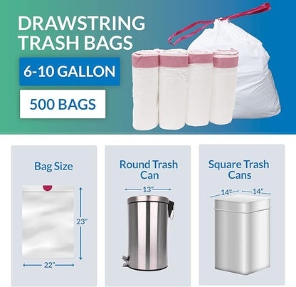 Reli. 6-10 Gallon Trash Bags Drawstring | 500 Count Bulk | 22"x23" | 6, 8, 10 Gallon Drawstring Garbage Bags | White Trash Can Liners | Small - Medium