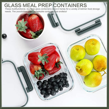 KOMUEE 10 Packs 30 oz Glass Meal Prep Containers,Glass Food Storage Containers with Lids,Airtight Lunch Bento Boxes,Microwave,Freezer and Dishwasher,Gray