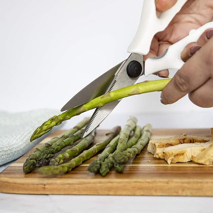 Rae Dunn Kitchen Scissors- Stainless Steel Kitchen Shears, Cooking Scissors for Cutting Meat, Chicken, Herbs and Produce with Blade Cover and Soft Grip Handles(White)