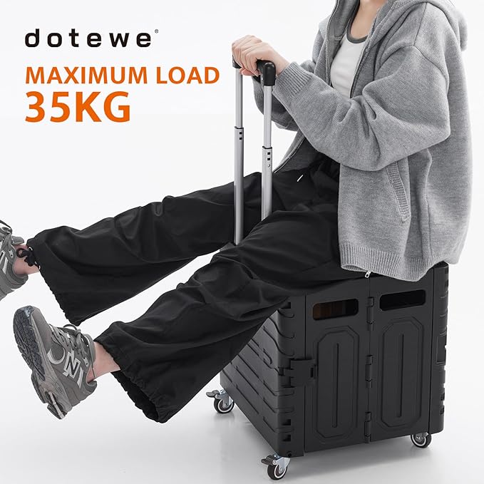 Folding Utility Cart Black Portable Rolling Crate Handcart Foldable Shopping Trolley Collapsible, with Lid, on Wheels, for Grocery, Garden, Office, Storage, Teacher, Tool (Black)