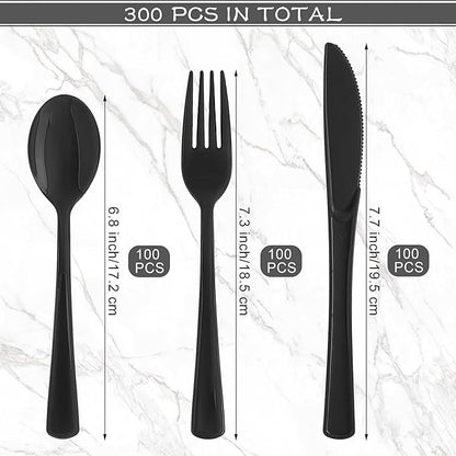 300 Pieces Black Plastic Silverware Heavy Duty Plastic Cutlery Set Heavyweight Disposable Flatware Includes Spoons Forks Knifes for Birthday Party Prom Night Wedding Dinner