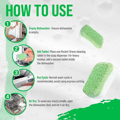 Rockin' Green Deep Cleaning and Deodorizing Tablets for Dishwashers, Washing Machines, and Garbage Disposals, Removes Odor and Residue (Dishwasher Cleaning Tablets, 24 Pack)
