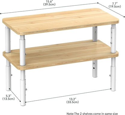 Cabinet Organizer Shelf, Spice Rack Set of 2 Kitchen Pantry Cupboard Shelves, Stackable, Height Adjustable, Natural Bamboo (15.6" Wx77.Dx6.57 H per Pack)
