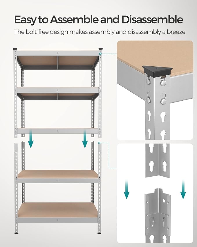 SONGMICS 5-Tier Storage Shelves, Load 2310 lb, Set of 2 Garage Storage, Boltless Assembly, Adjustable Shelving Unit, 17.7 x 35.4 x 70.9 Inches, for Study Shed Basement, Silver UGLR450E02