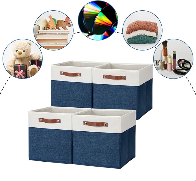 DULLEMELO 12 inch Cube Storage Bins, Gift Baskets Empty for Boy Girl Mother Father Christmas Festival,Fabric Storage Bins Cube Organizer Baskets With Leather Handles(White&Blue-4 Pack)