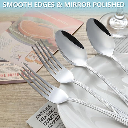 24 PCS Spoons and Forks Set, Food Grade Stainless Steel with Pearl Dot Design Handle Silverware Set, Mirror Polished Dishwasher Safe, Silverware Forks and Spoons for Home or Restaurant