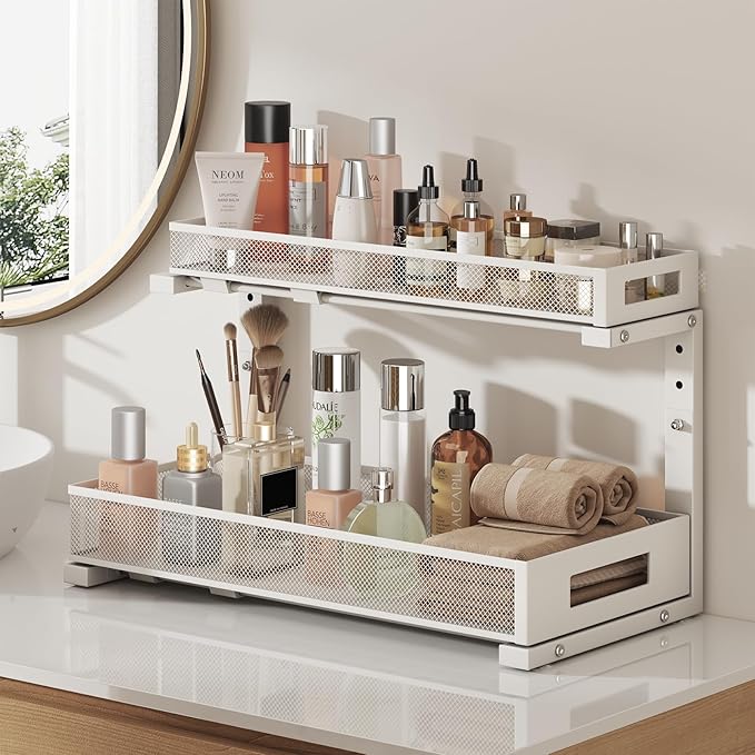 2 Pack 19IN Depth Under Sink Storage Organizer, Large 2-Tier Elegant Mesh Pull Out Shelf for Kitchen and Bathroom Cabinet Organization, L-Shaped and Adjustable Height Design-White