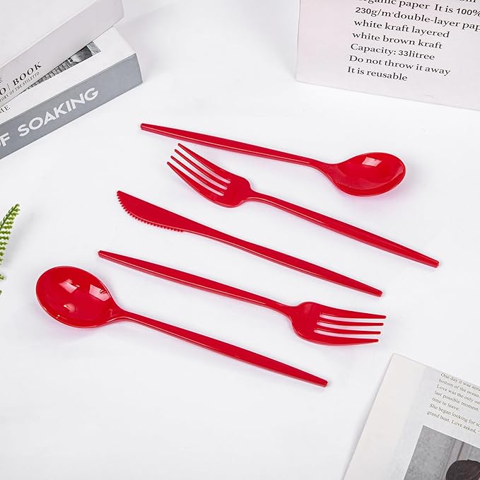 PULOTE 150PCS Red Plastic Silverware Set - Heavy Duty Plastic Cutlery - Red Utensils Disposable Include 50 Forks, 50 Spoons, 50 Knives for Party, Wedding & Mother’s Day