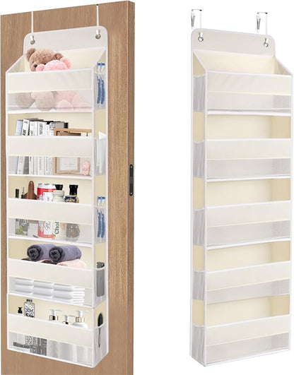 QINGUANG Over The Door Organizer,Hanging Organization and Storage, Behind Door Organizer with Side Pockets, 44 lbs Capacity,Anti Tilt, for Nursery, Bathroom, Bedroom,Dorm 5-Shelf Beige