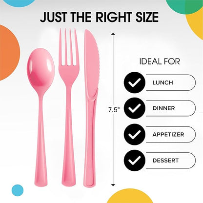 Party Solids Pink Plastic Silverware Heavy Duty 300 Pieces Pink Plastic Cutlery Sets, Utensil Sets, 100 Of Each Forks, Knives & Spoons Disposable Cutlery Set, Flatware Set For Party Supplies