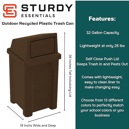 32 Gallon Square 100% Recycled Plastic Heavy Duty Outdoor Trash Can with Push Lid - Great for Schools and Businesses - Brown Granite