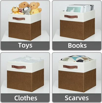 HNZIGE Fabric Cubes Storage Bins Set of 4,11 x 11 Clothes Storage Cube Baskets,Cube Organizing Bins for Shelves with Handles,Canvas Baskets for Organizing Home(Brown White)