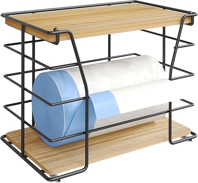 Trash Bag Holder/Dispenser with Lid, Stackable Storage Laundry Kitchen Organizers for Countertop Organization, Wall Mount Trash Bag Holder under Sink, No Drill