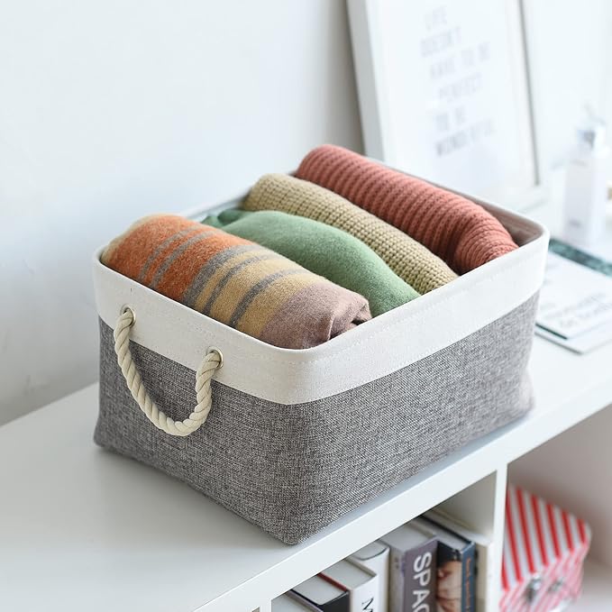 Large Storage Baskets for Shelves, Fabric Baskets for Organizing, Collapsible Storage Bins for Closet, Nursery, Clothes, Toys, Home & Office [3-Pack, White&Grey]