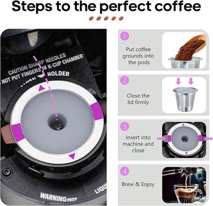 SHOUNAJIA 4 Pack Reusable K Cups Coffee for Keurig, Reusable Coffee Pods for Keurig Machine, 304 Stainless Steel Coffee Filter with Cleaning Brush, BPA-Free