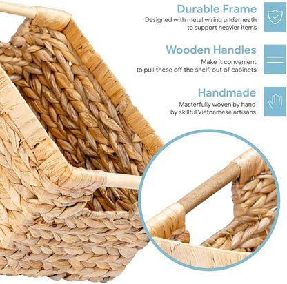 Natural Water Hyacinth storage basket with Handle, Rectangular Organizing Basket for Organizing, Decorative Wicker Storage Bins for Living Room, Medium Wicker Baskets - 3 Pack Medium