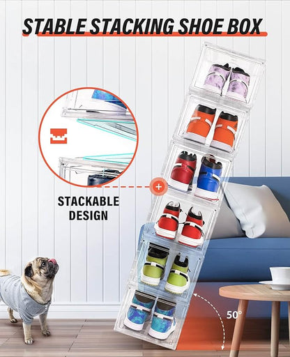 Clear Shoe Boxes Stackable 10 Pack Shoe Storage for Sneakerheads, Front Opening Shoe Organizer, Magnetic Door, Strong and Sturdy Fit for Large Size Shoes 14.96 x 10.24 x 7.87 inches