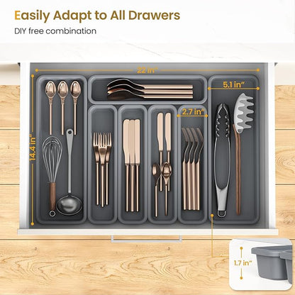 7 Pack Silicone Silverware Drawer Organizer, DIY Free Combination Kitchen Drawer Organizer, Utensil Organizer, Moisture-proof and Heat-resistant up to 200°C, Anti-slip and Environmentally (Grey)