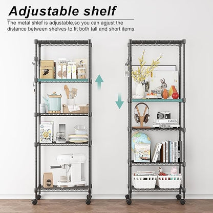Himimi 5-Tier Wire Shelving Unit on Wheels, Adjustable Heavy Duty Metal Shelves with Side Hooks, Metal Organization Wire Rack for Kitchen Garage Basement, 13" L x 23" W x 72" H, Black