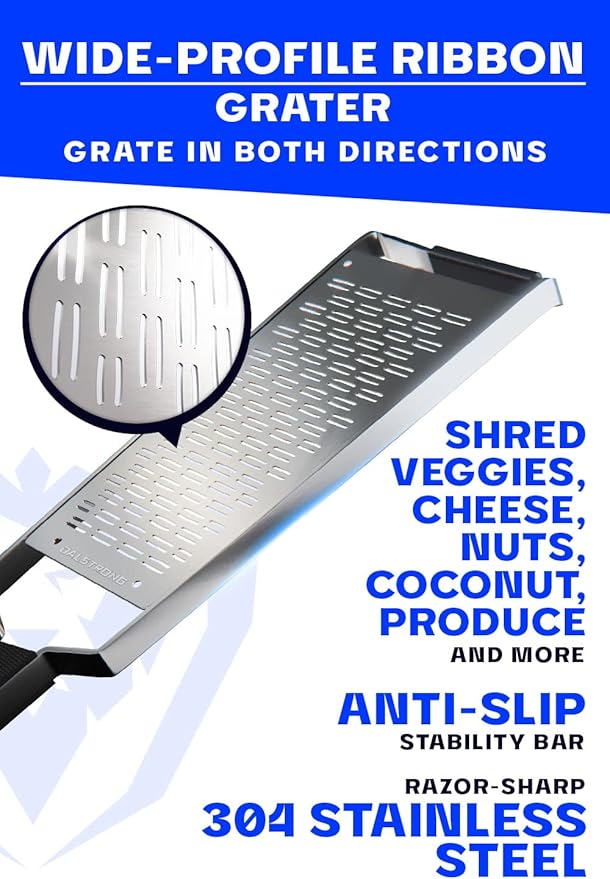 Dalstrong Professional Wide Cheese Grater - Ribbon - #304 Stainless Steel Blade - G10 Handle Kitchen Shredder - w/Blade Cover - Medium/Soft Cheese, Chocolate, Citrus, Root Vegetables - NSF Certified