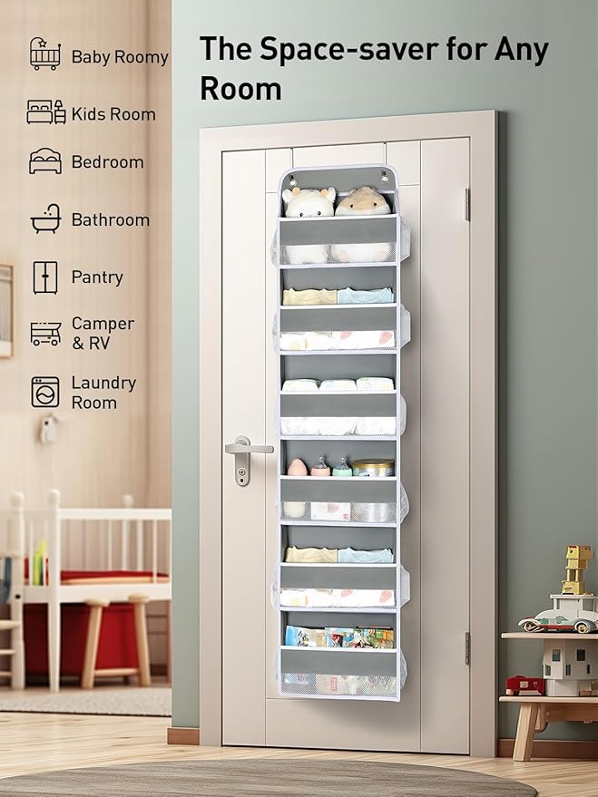 Yecaye 3 Pack Over The Door Organizer, 6-Tier Closet Door Hanging Organizer with 12 Mesh Pockets, Bathroom Organizers and Storage, Ultra Sturdy Large Capacity Over Door Storage Newborn Baby Essentials