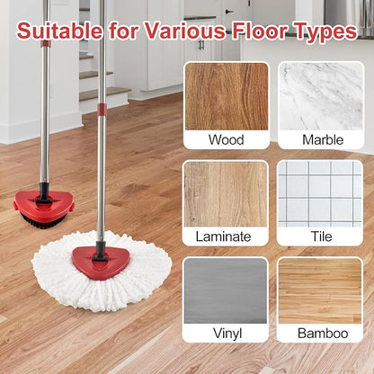 Spin Mop Handle Mop Heads Mop Base Mop Scruby Brush Replacement Sets Combo Compatible with Ocedar EasyWring 1 Tank Spin Mop System (1 Sets Stainless Steel Mop Handle +2 White Heads +1 Base +1 Brush)
