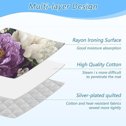 Rose Floral Purple and White Ironing Mat for Table top Portable Ironing Pad Blanket for Washer Dryer Countertop Travel
