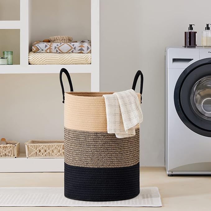 VIPOSCO Large Laundry Hamper, Tall Woven Rope Storage Basket for Blanket, Toys, Dirty Clothes in Living Room, Bathroom, Bedroom - 100L Brown & Black