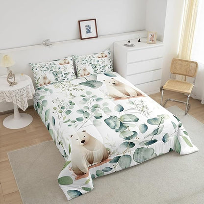Erosebridal Boys Cartoon Animal King Bedding Sets for Kids Toddler Kawaii Polar Bear Comforter Set, Arctic Wildlife Duvet Insert White Green Down Comforter, Botanical Eucalyptus Bedding Comforter Sets