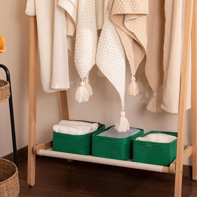 3 Pack Small Storage Baskets for Organizing, Cute Woven Decorative Gift Baskets for Shelves, Mini Closet Organizer Bins with Handles, 11.81''Lx7.87''Wx4.72''H-Green