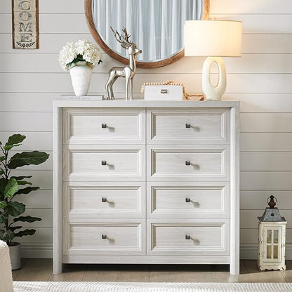 41" Tall White Dresser, Farmhouse 8 Drawers Dressers for Bedroom, Vertical Chest of Drawers for Bedroom Nursery with Metal Handle, Modern Rustic Wood Dresser for Closet, Living Room