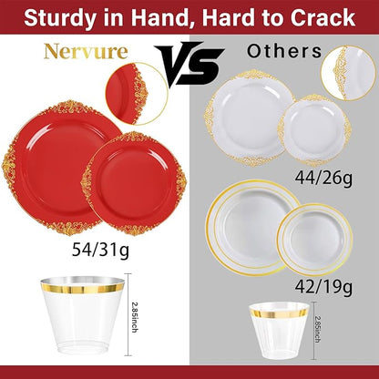 Nervure 350PCS Red Plastic Plates - Red Gold Plastic Dinnerware Sets for 50 Guests - 100 Gold Disposable Plates, 50 Pre Rolled Silverware Sets, 50 Cups Perfect for Wedding & Party & Christmas