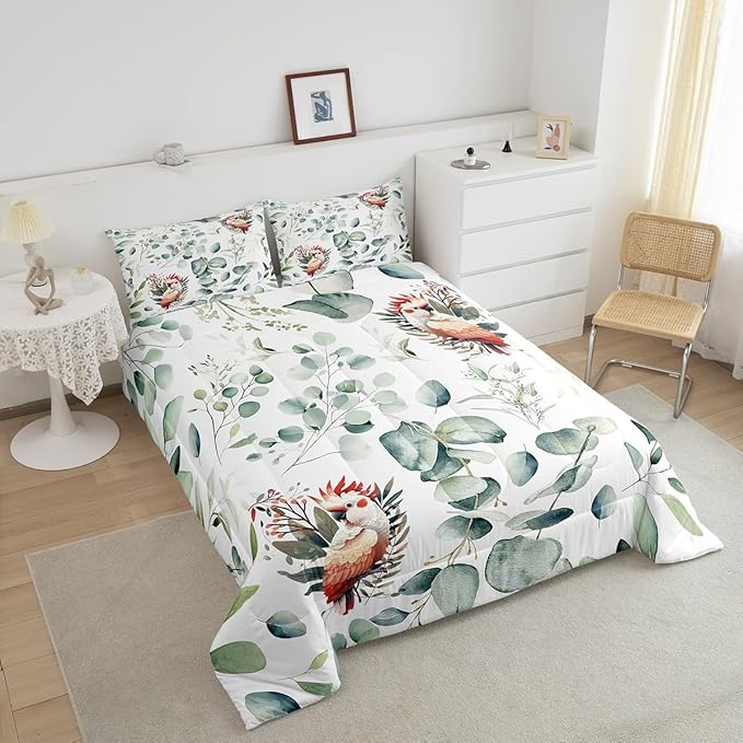 Erosebridal Cartoon Animal King Bedding Sets for Kids Toddler Kawaii Parrot Comforter Set, Wild Bird Duvet Insert Cute Wildlife Down Comforter, Botanical Green Eucalyptus Bedding Comforter Sets