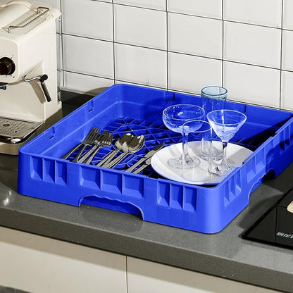 Commercial Dishwasher Tray Rack Polypropylene Full Size Flatware Rack for Bowls Plates Knives Forks Cups(19.7 x 19.7 x 3.97 Inch,Blue)
