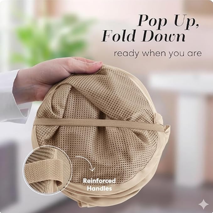 Handy Laundry Collapsible Mesh Pop Up Hamper with Wide Opening and Side Pocket - Breathable, Sturdy, Foldable, and Space-Saving Design for Clothes and Storage (Beige)